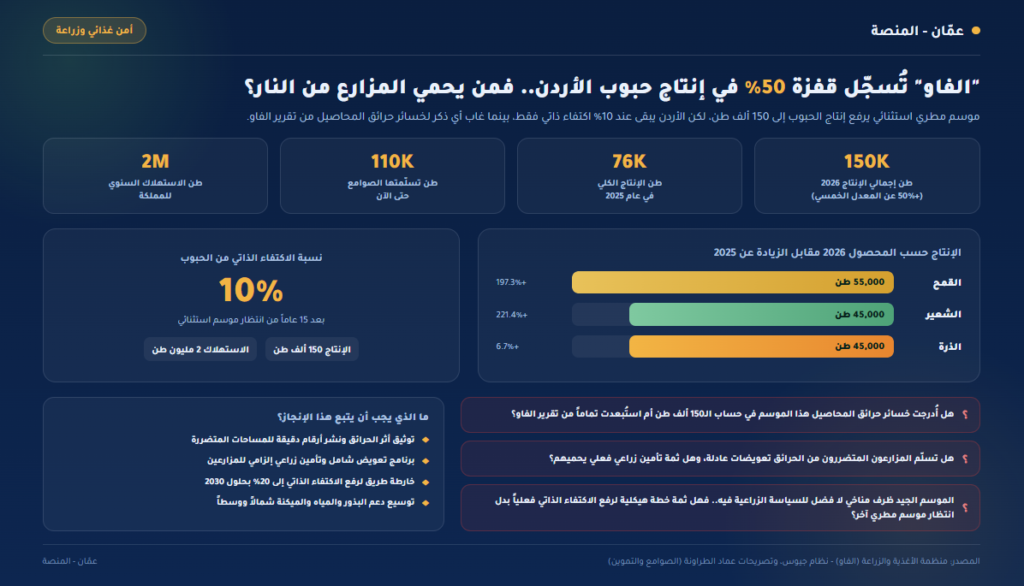 "الفاو" تُسجّل قفزة 50% في إنتاج حبوب الأردن لعام 2026 — لكن من يحمي المزارع من النار؟