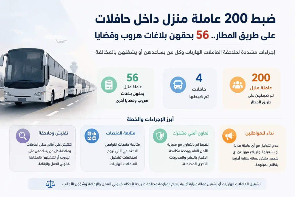 ضبط 4 حافلات تقل 200 عاملة منزل بحقهن بلاغات هروب وقضايا